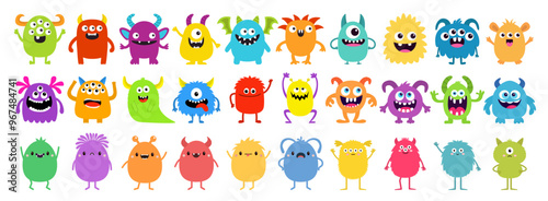 Happy Halloween. Cute monster icon set. Cartoon kawaii colorful scary funny character. Eyes, tongue, hands up. Baby collection. Childish style. Sticker print. Flat design. White background. Vector
