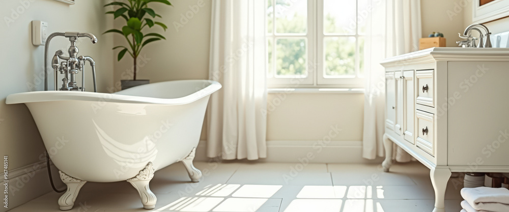 Fototapeta premium Luxurious Bathroom Interior with Clawfoot Tub and Window Sunlight