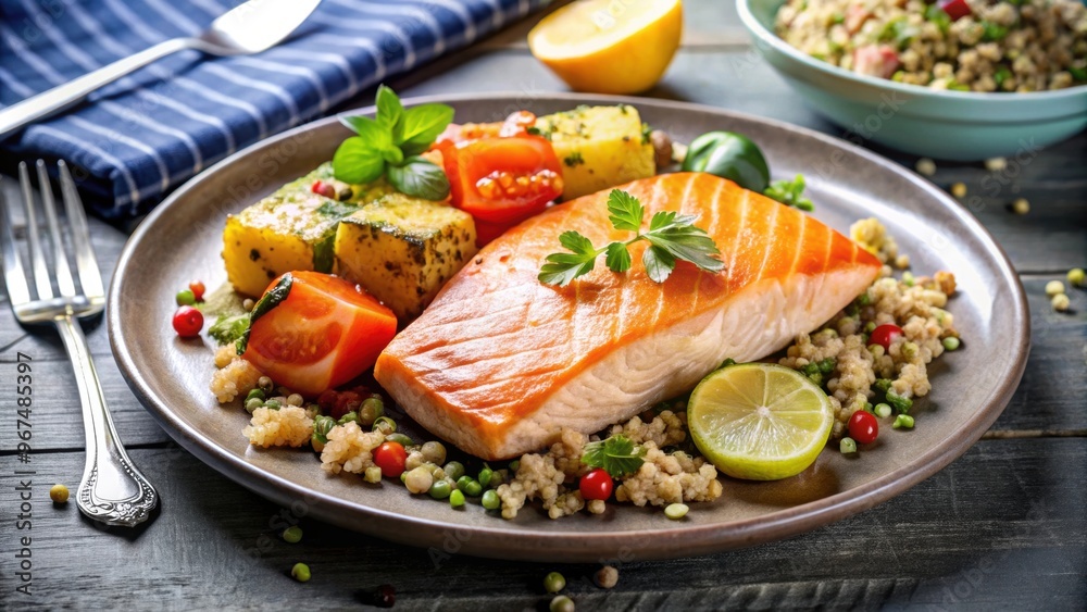Plate of baked salmon, quinoa, and roasted vegetables , healthy, delicious, nutritious, gourmet, food, meal, seafood, protein Plate of baked salmon, quinoa, and roasted vegetables , healthy, delicious, nutritious, gourmet, food, meal, seafood, protein