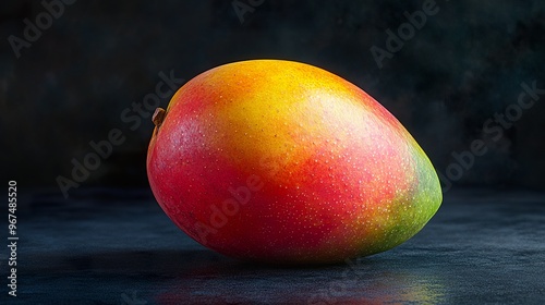 a ripe mango with a smooth colorful skin showcasing its vibrant hues and rounded shape isolated on a dark background photo