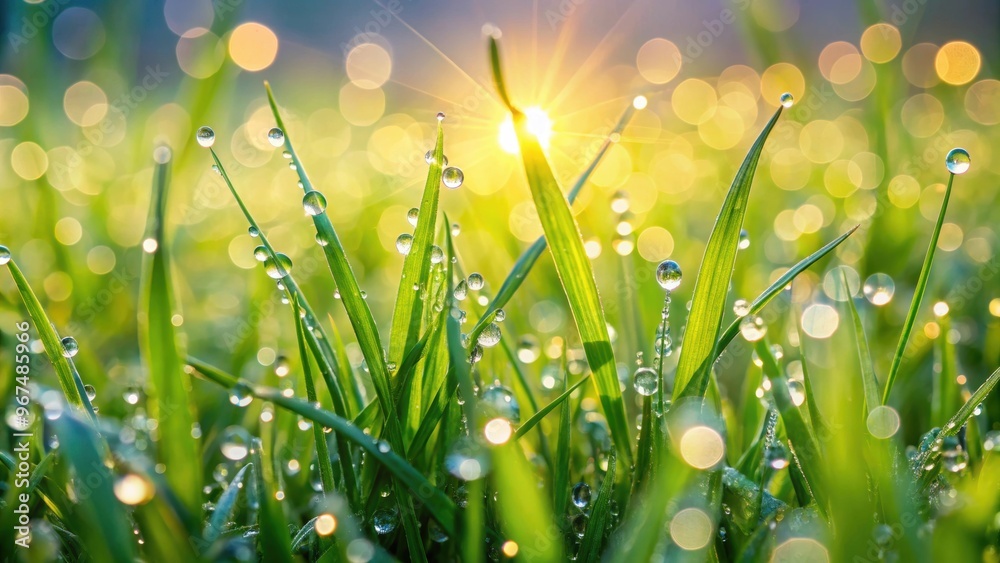 Fototapeta premium Fresh dew drops on vibrant green grass in the morning , nature, landscape, environment, summer, spring, freshness, dew, droplets