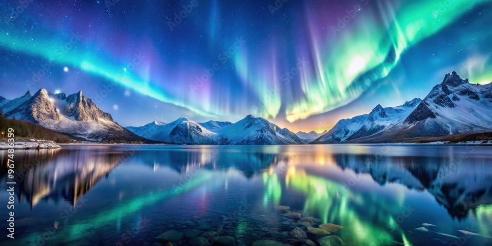 Northern Lights shimmering over a serene lake surrounded by snowy mountains, with a starry night sky above Northern Lights shimmering over a serene lake surrounded by snowy mountains, with a starry night sky above