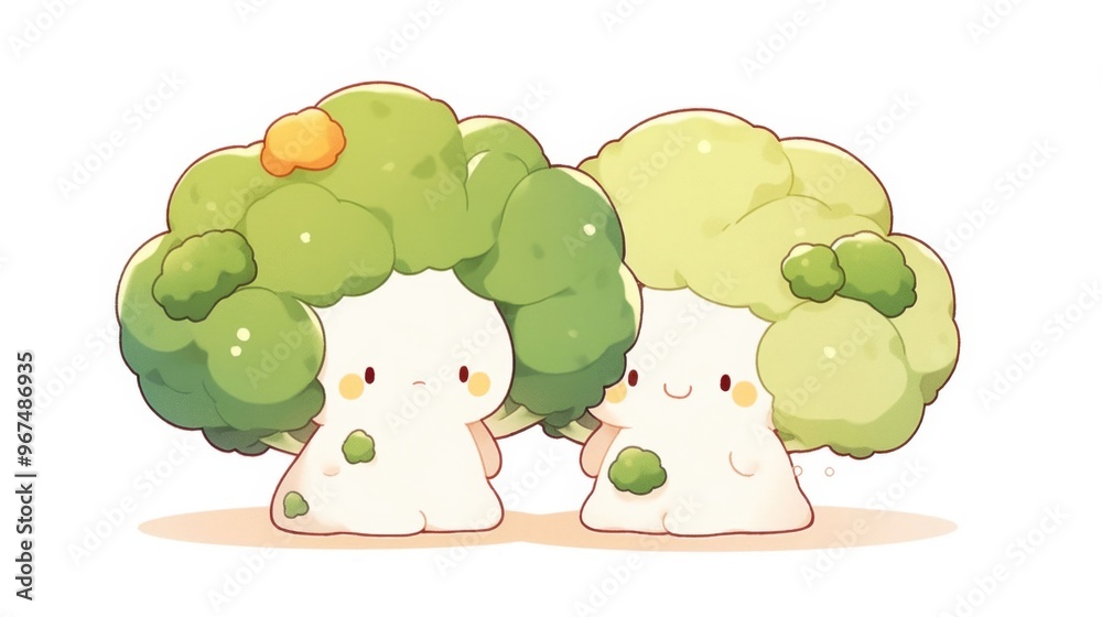 Two cartoon broccoli heads are standing next to each other Two cartoon broccoli heads are standing next to each other