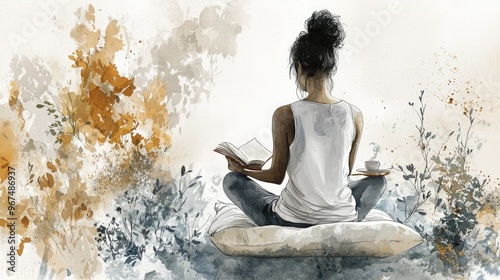 Woman reading a book in a sunny room watercolor painting