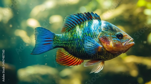 Bluegill fish with blue, red, and green colors is swimming in a pond. photo