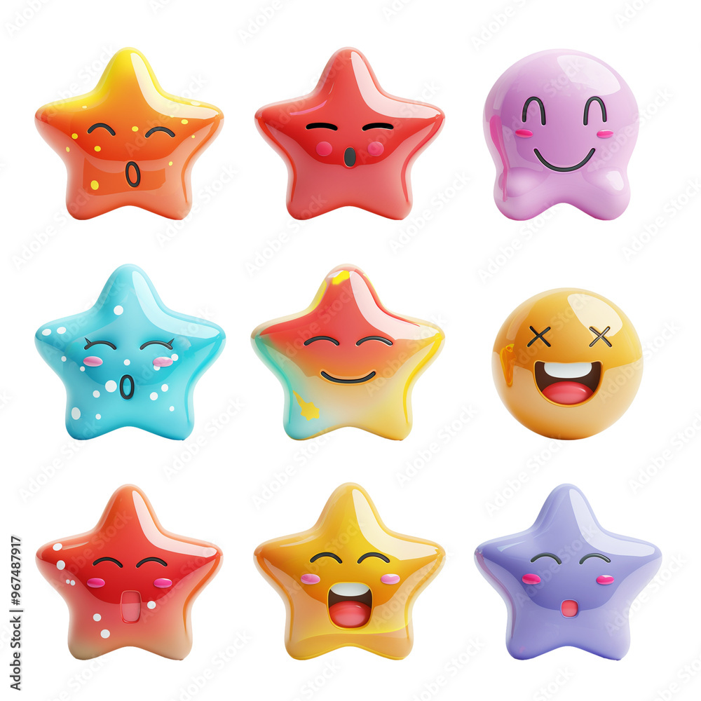 Happy smile face expression star emoticon set, 3d rendering Happy smile face expression star emoticon set, 3d rendering