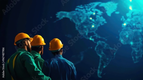 Diverse team of engineers working on renewable energy solutions, global map showing impact of innovation, sustainability, global environmental innovation