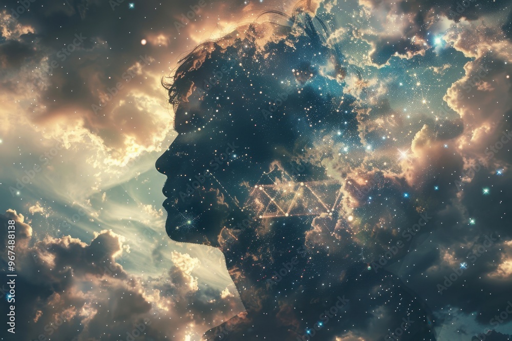 Obraz premium Double Exposure of Philosopher with Celestial World of Ideas
