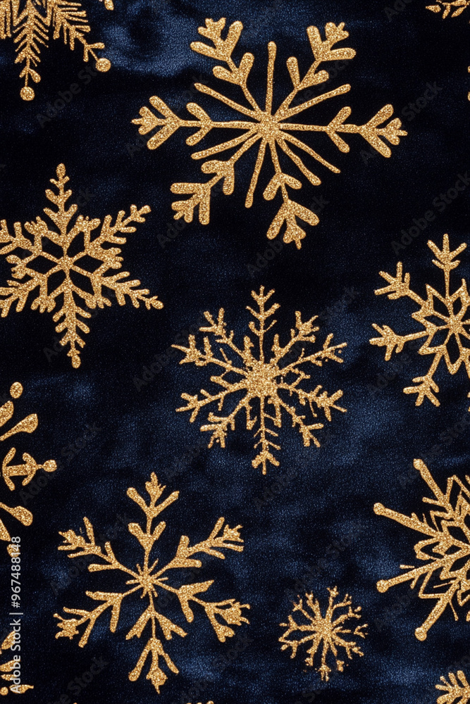 Christmas background, shimmering golden snowflakes and ornaments against a dark blue velvet texture, elegant and festive holiday theme. Christmas background, shimmering golden snowflakes and ornaments against a dark blue velvet texture, elegant and festive holiday theme.