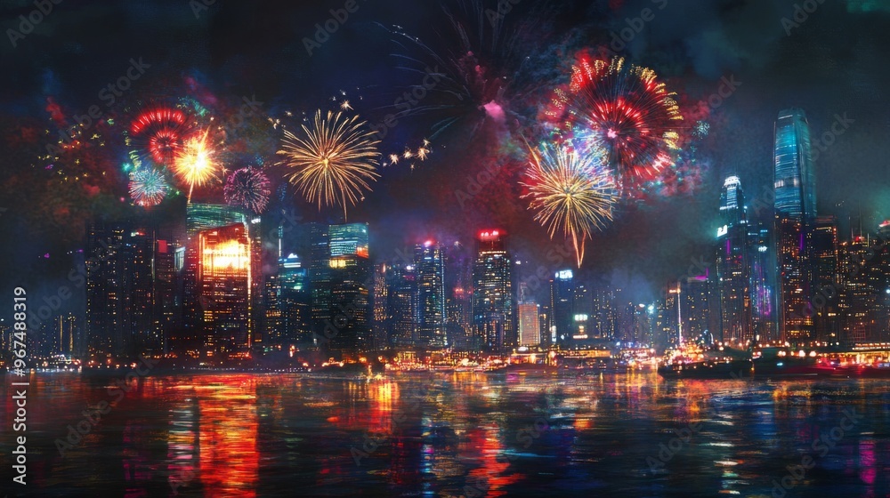 Obraz premium Fireworks Display Over a Cityscape at Night