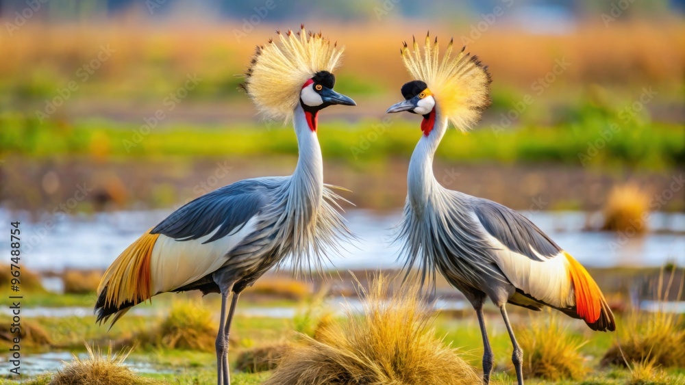 Fototapeta premium Two majestic Grey Crowned Cranes displaying their elegant plumage in Amboseli National Park