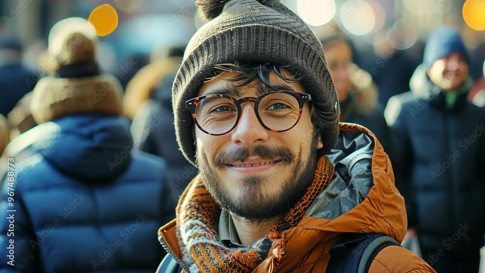 Smiling man in winter coat and hat among busy crowd in city during vibrant afternoon Smiling man in winter coat and hat among busy crowd in city during vibrant afternoon