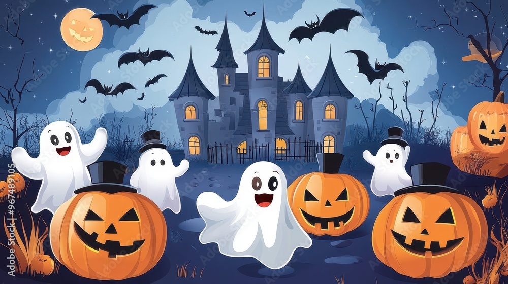 A delightful Halloween setting showcases playful ghosts, grinning jack-o'-lanterns, and a creepy castle surrounded by bats