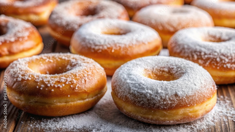 Close up of delicious donuts covered in sweet icing sugar, sweet, dessert, bakery, delicious, treat, sugary Close up of delicious donuts covered in sweet icing sugar, sweet, dessert, bakery, delicious, treat, sugary