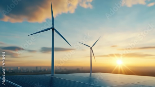 Wallpaper Mural Futuristic skyline with solar panels, green rooftops, and wind turbines, symbolizing sustainable urban development, global sustainability, eco-conscious growth Torontodigital.ca