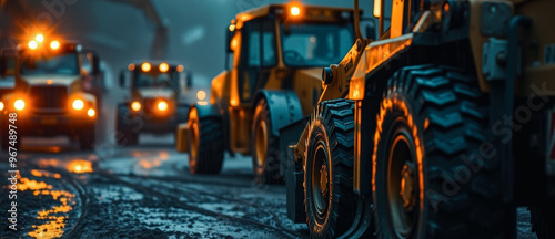 Heavy Duty Construction Equipment on a Wet Road at Night