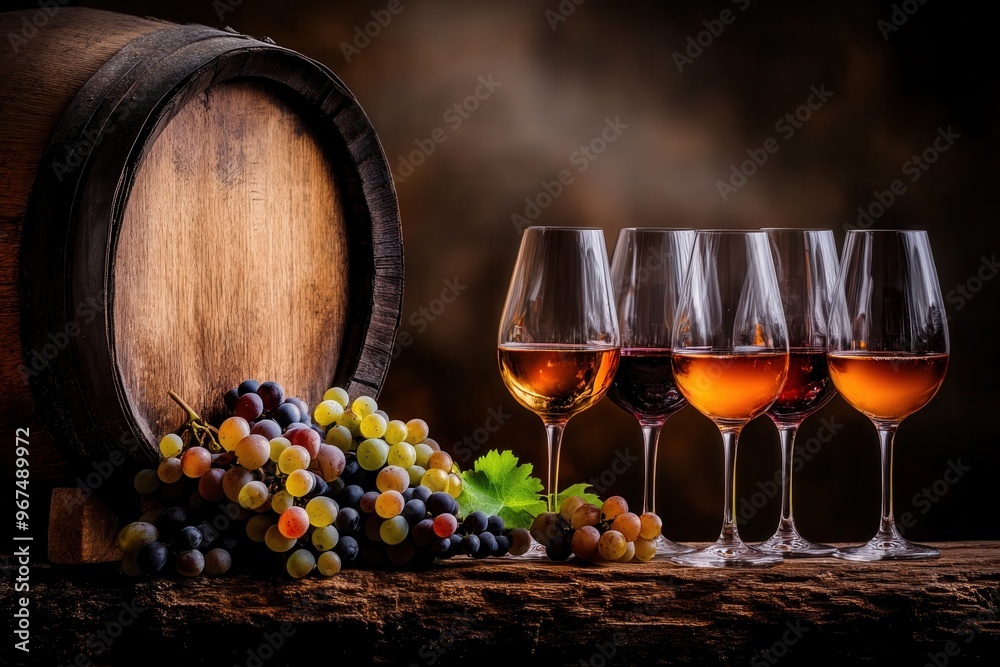 wine glasses with assorted colours of different wines next to a wooden barrel and grapes wine glasses with assorted colours of different wines next to a wooden barrel and grapes