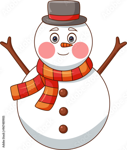 Cute snowman wearing scarf cartoon on white background