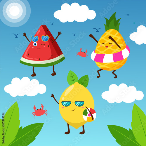 Cartoon hello summer watermelon, pineapple and lemon cute