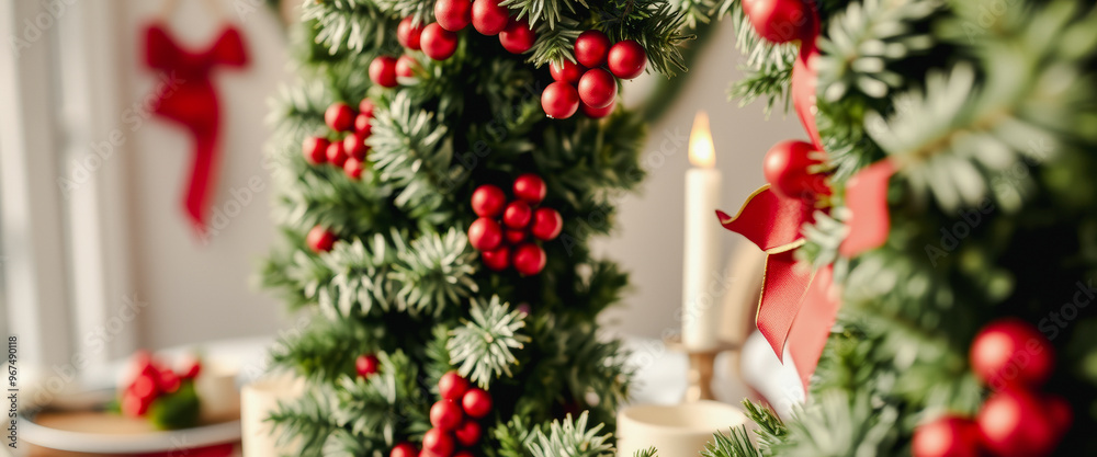 Closeup of a Christmas Wreath with Red Berries and a Candle Closeup of a Christmas Wreath with Red Berries and a Candle