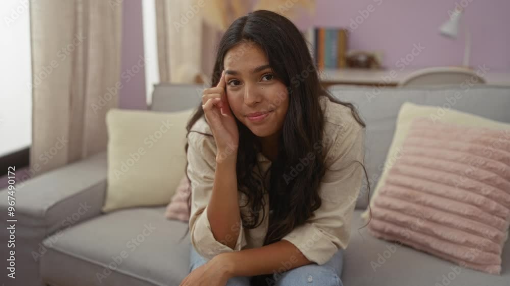 Young brunette woman touching her head with her finger in a cozy living room setting surrounded by soft pink pillows and a comfortable sofa in a brightly lit home interior Young brunette woman touching her head with her finger in a cozy living room setting surrounded by soft pink pillows and a comfortable sofa in a brightly lit home interior