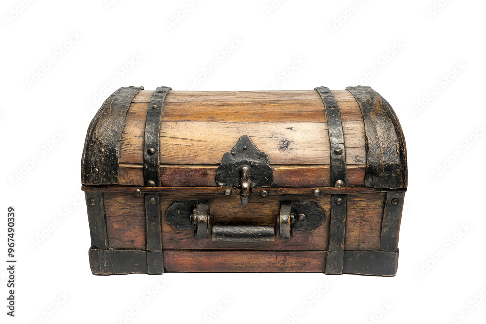 The photo illustrates a front view of a vintage wooden chest with metal details, emphasizing the aged workmanship and antique design, used as a storage or décor piece. The photo illustrates a front view of a vintage wooden chest with metal details, emphasizing the aged workmanship and antique design, used as a storage or décor piece.