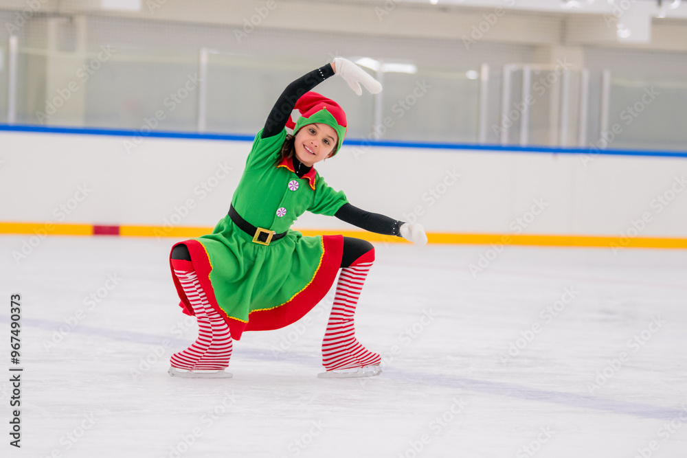 Obraz premium little girl figure skater dressed as a Christmas elf skates on the ice of an indoor arena.