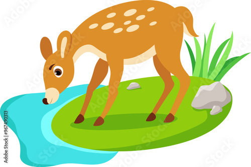 Cute happydeer drinking water on river cartoon