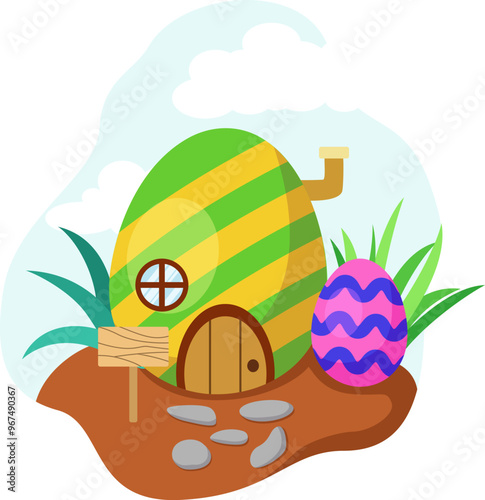 Cartoon easter egg house on white background