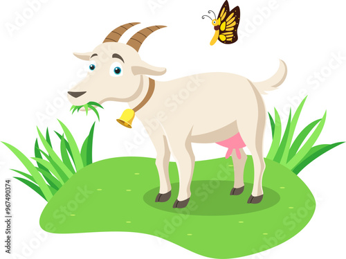 Cute happy goat eating grass on grassland cartoon