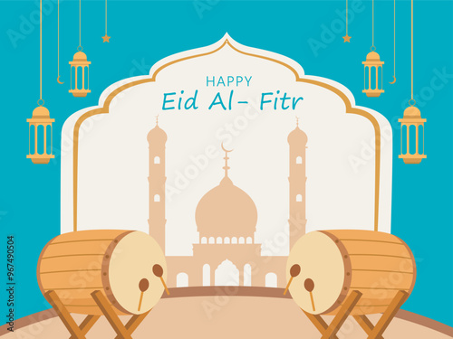 Ramadan Kareem concept banner with blue background frame, mosque cartoon, bedug cartoon and traditional latern
