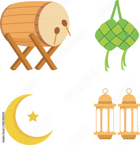 Ramadhan Bedug Cartoon, Belah Ketupat Cartoon, Crescent Moon and Stars Cartoon, Traditional Latern