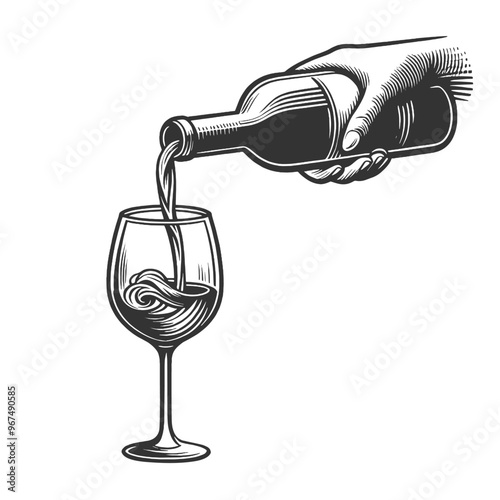 wine being poured into a glass, capturing the motion and elegance of the liquid sketch engraving generative ai vector illustration. Scratch board imitation. Black and white image.