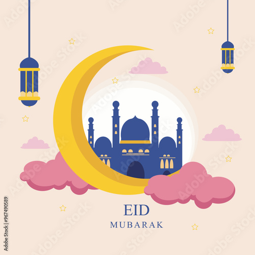 Ramadan Kareem concept banner with cream background frame, mosque on crescent with clouds and stars
Hanging traditional latterns