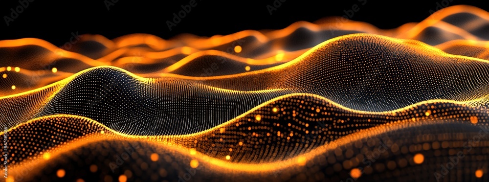 A close-up of digital waves and dots, forming the shape of undulating hills on a black background. A close-up of digital waves and dots, forming the shape of undulating hills on a black background.