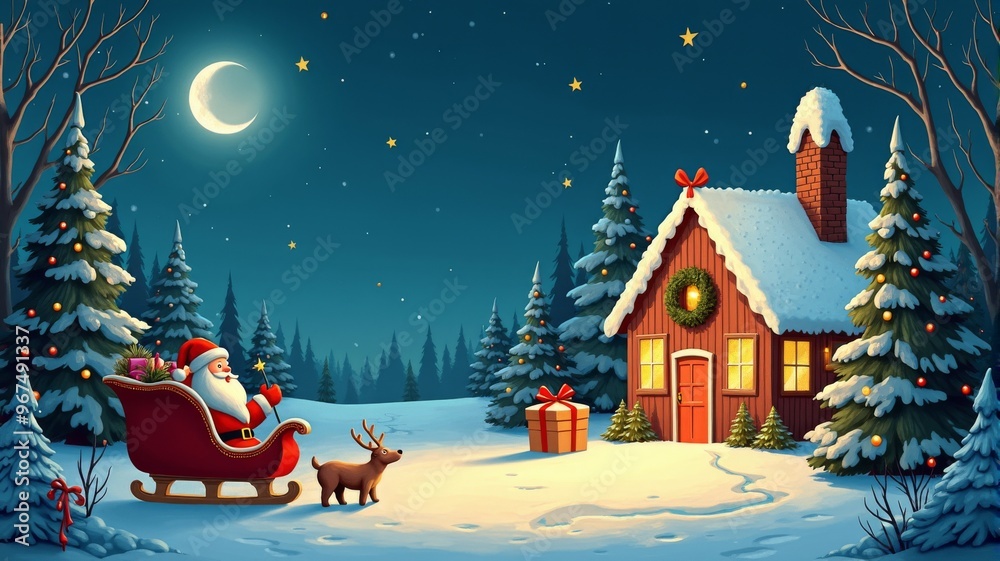 Magical Winter Night with Santa Claus and Reindeer Near Cozy Cottage - Holiday Illustration