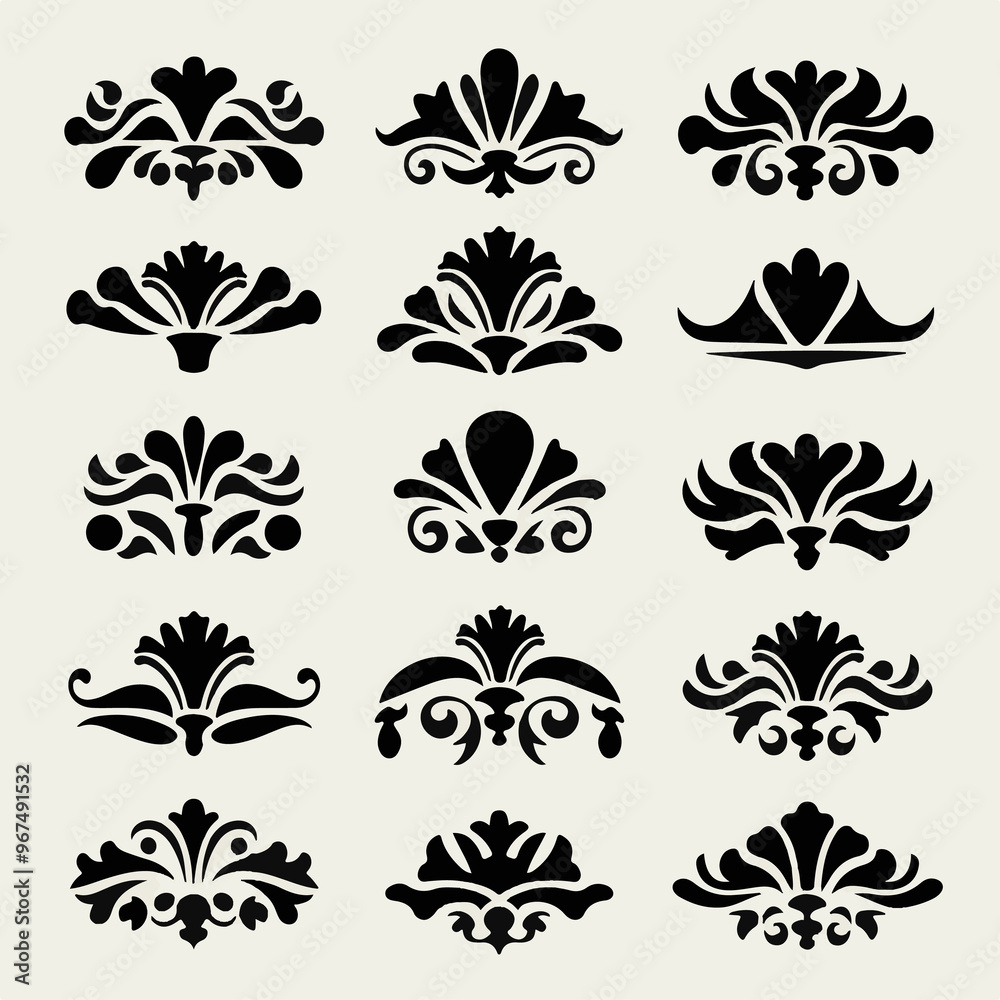 Collection of Black Minimal Ornate Design Elements with Crown Accents.. Collection of Black Minimal Ornate Design Elements with Crown Accents..