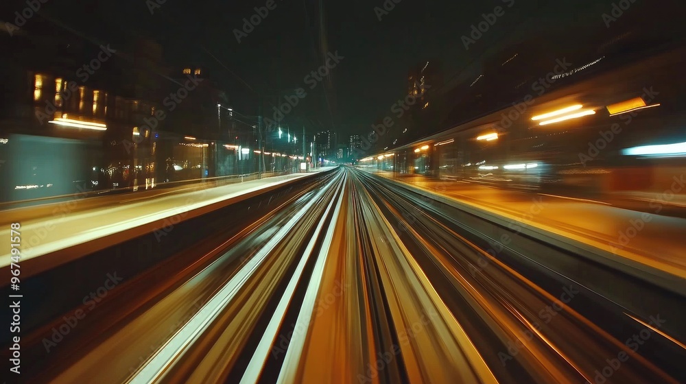 View from first railway carriage. Speed motion blur metro abstract background at night View from first railway carriage. Speed motion blur metro abstract background at night