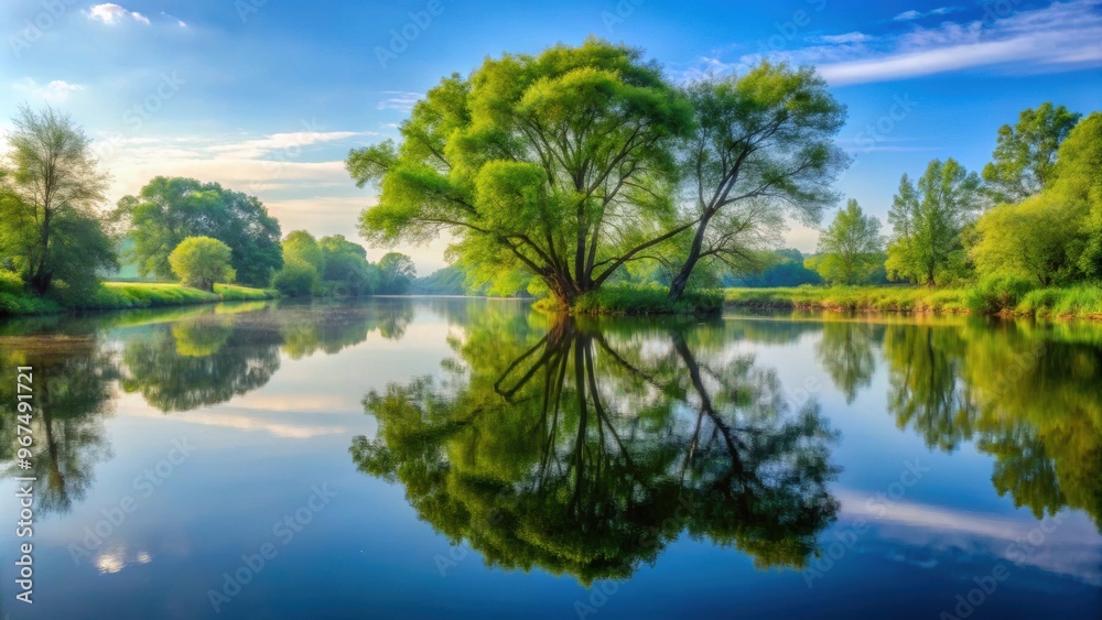 Peaceful river with realistic tree reflections, Peaceful, serenity, meandering, river, reflections, overhanging, trees, nature Peaceful river with realistic tree reflections, Peaceful, serenity, meandering, river, reflections, overhanging, trees, nature