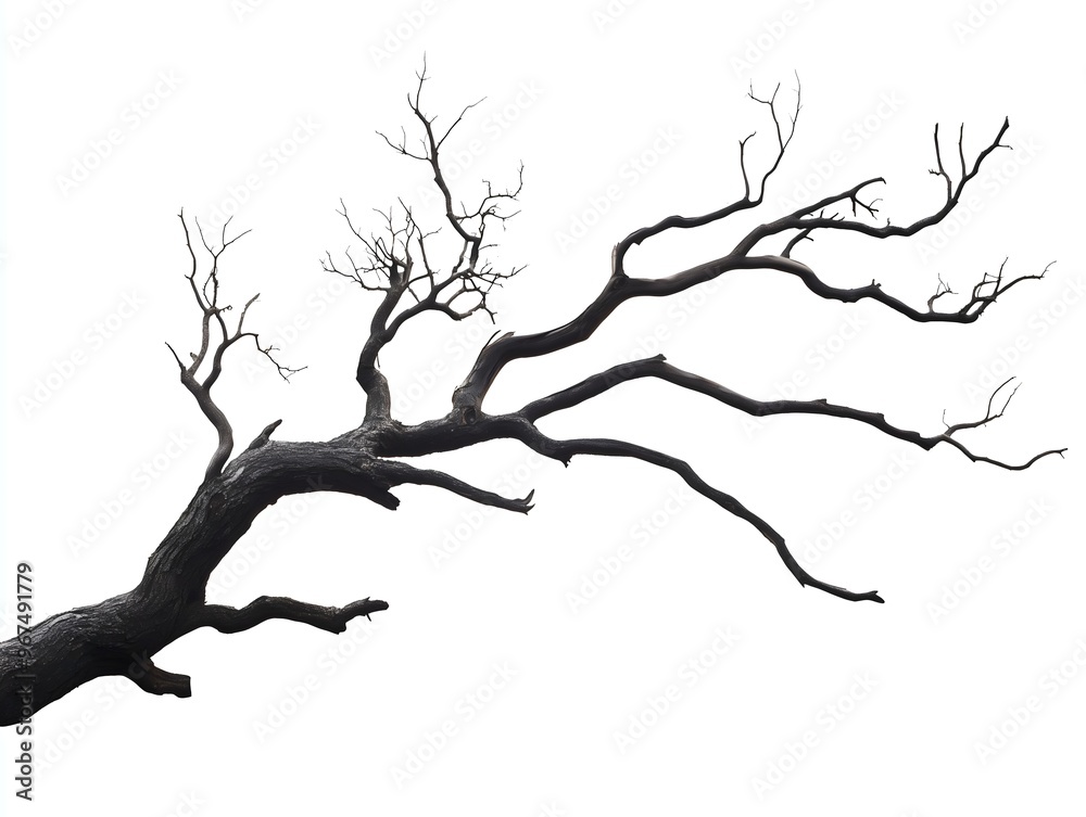 Fototapeta premium Isolated Bare Tree Branch with Dark Silhouette on White Background - Minimalistic Nature Element Perfect for Artistic, Abstract, and Natural Themes