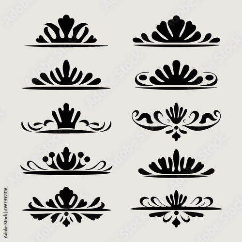 Collection of Black Minimal Ornate Design Elements with Crown Accents..