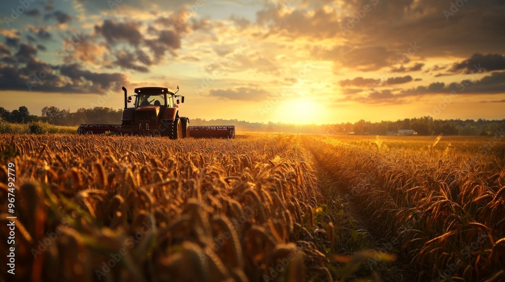Fototapeta premium Tractor Harvesting Wheat Field at Sunset