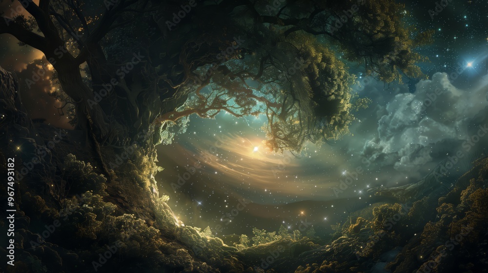 Obraz premium Enchanted Forest Under a Starry Sky â€“ Mystical Night Landscape Illustration