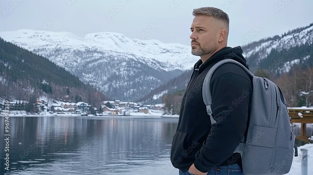 Standing with his back to the view, a man admires the majestic snowy mountains and serene lake in Norway, ready for his outdoor journey Standing with his back to the view, a man admires the majestic snowy mountains and serene lake in Norway, ready for his outdoor journey