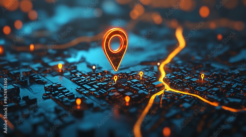 One big abstract pin icon on the city map Transportation delivery, map location, transport logistics, tourism navigation, concept. Gps navigation, new location. Blue background