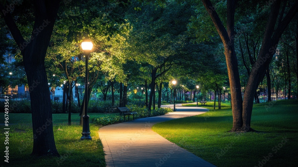 Illuminated Pathway Through a Tranquil Evening Park Illuminated Pathway Through a Tranquil Evening Park