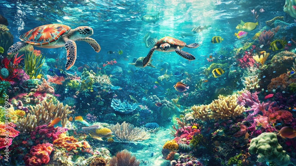 Sea turtle swimming peacefully in vibrant coral reef Sea turtle swimming peacefully in vibrant coral reef