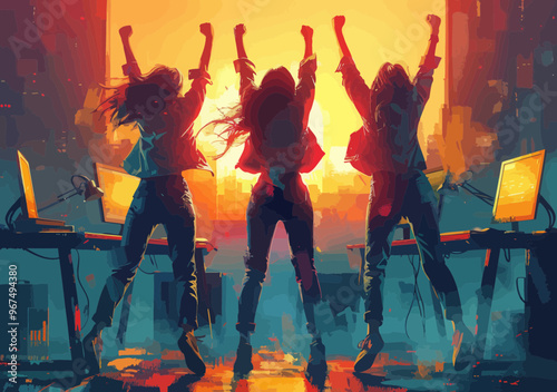 Celebrating Team Success: Group of Professionals Achieving Project Milestone at Sunset in Modern Office
