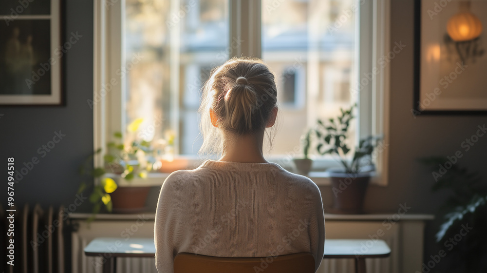 Eine junge Frau mit Depressionen sitzt alleine in ihrem Zimmer vor dem Fenster. Eine junge Frau mit Depressionen sitzt alleine in ihrem Zimmer vor dem Fenster.