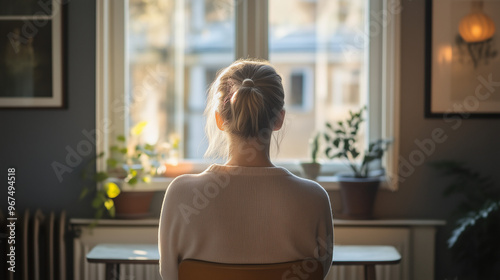 Eine junge Frau mit Depressionen sitzt alleine in ihrem Zimmer vor dem Fenster.